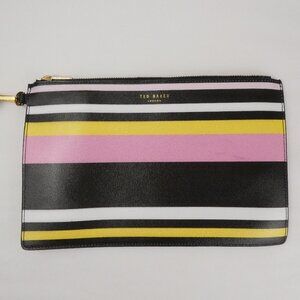 Ted Baker Clutch Purse Striped Zipper with Wrist Strap Attachment Pink Yellow